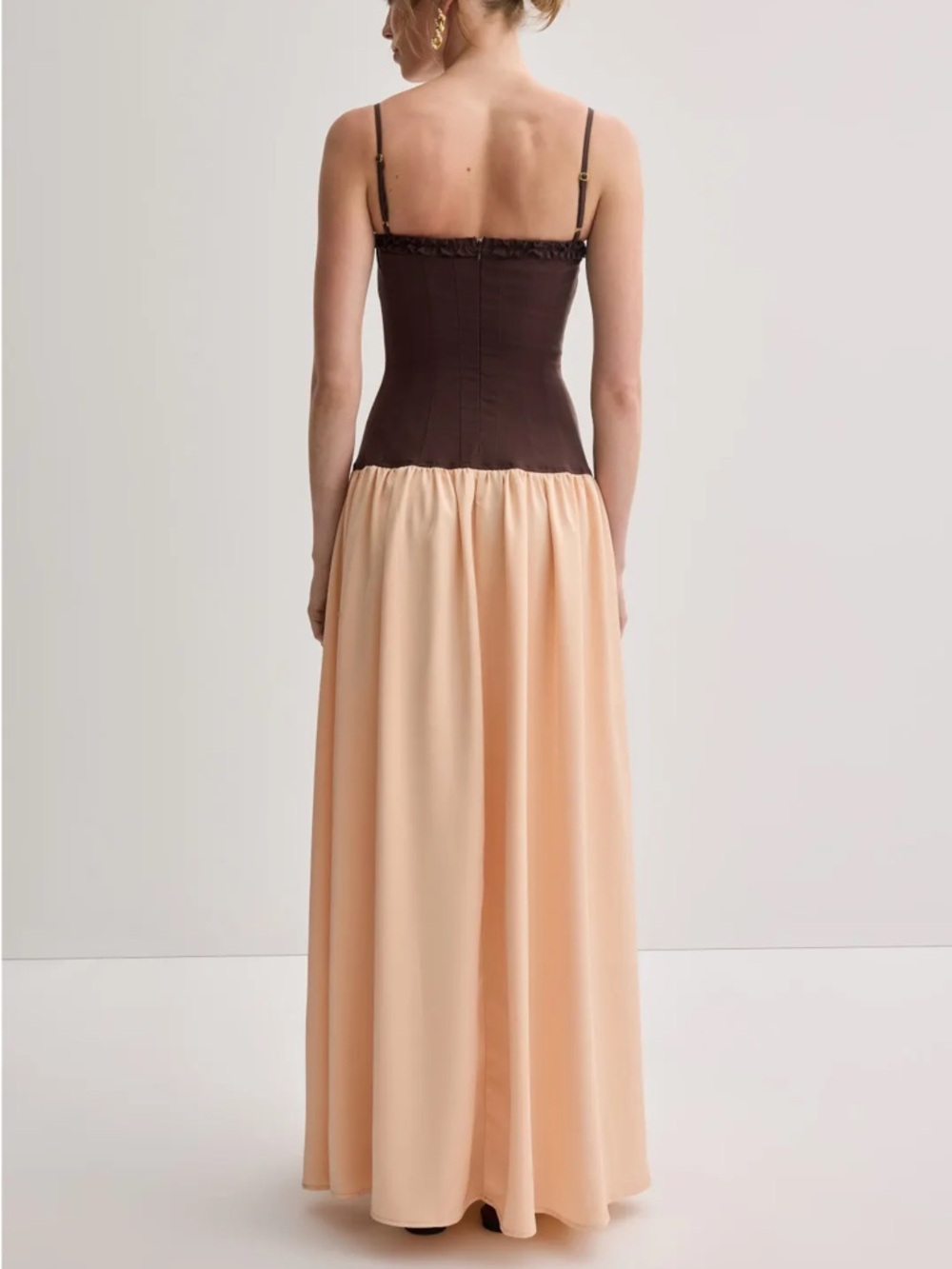 WeWoreWhat Ruffle Corset Brown Champagne Satin Maxi Dress Size 6 Small - Picture 2 of 8